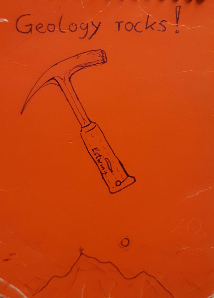 A drawing of a rock hammer above a mountain with a tiny figure standing at the peak